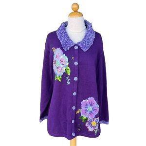 VTG Storybook Knits Purple Passion Embellished Cardigan Colorful Floral Large